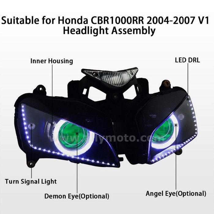073 Headlight Honda Cbr1000Rr 2004 2005 2006 2007 Angel Halo Demon Eyes Green Kit-5